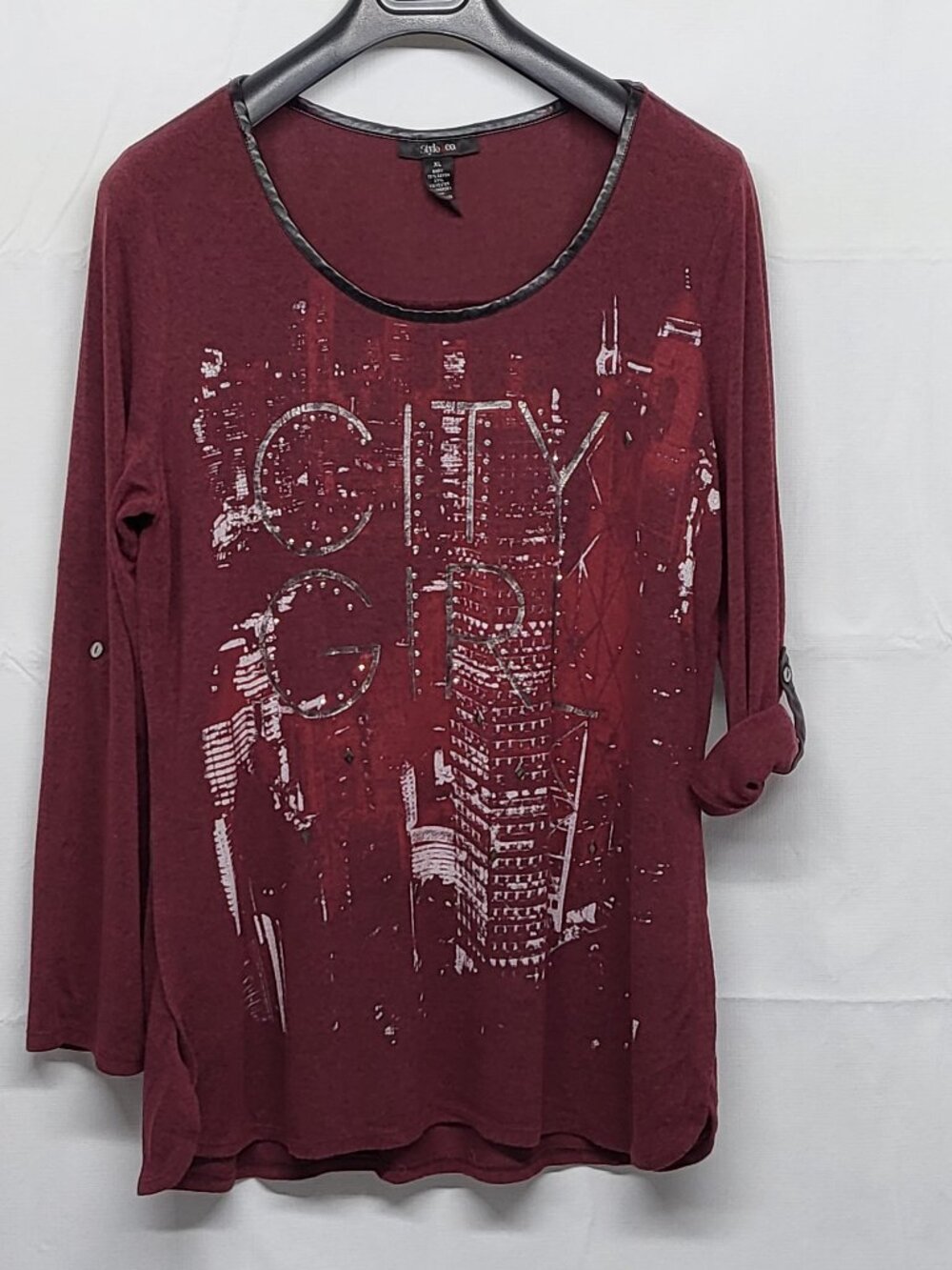 Style & Co Womens Top XL Graphic Print City Girl Roll Tab Long Sleeves
